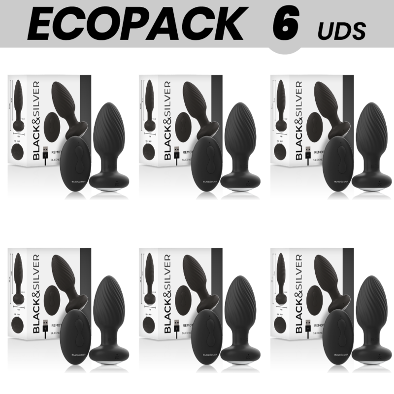 ECOPACK 6 UNIDADES - PLUG ANAL BLACKSILVER WELLS CONTROLE REMOTO DE SILICONE